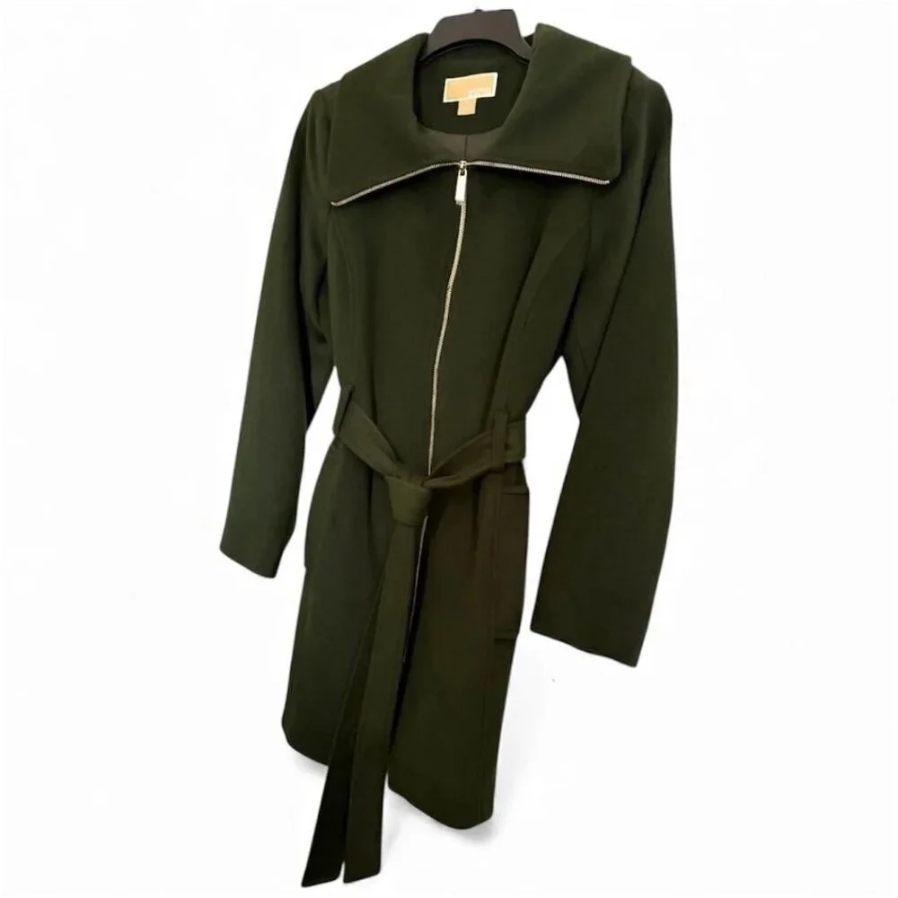 Michael Kors Womens Green Wool Blend Full Zip Belt Mid Length Pea Coat Sz XL New